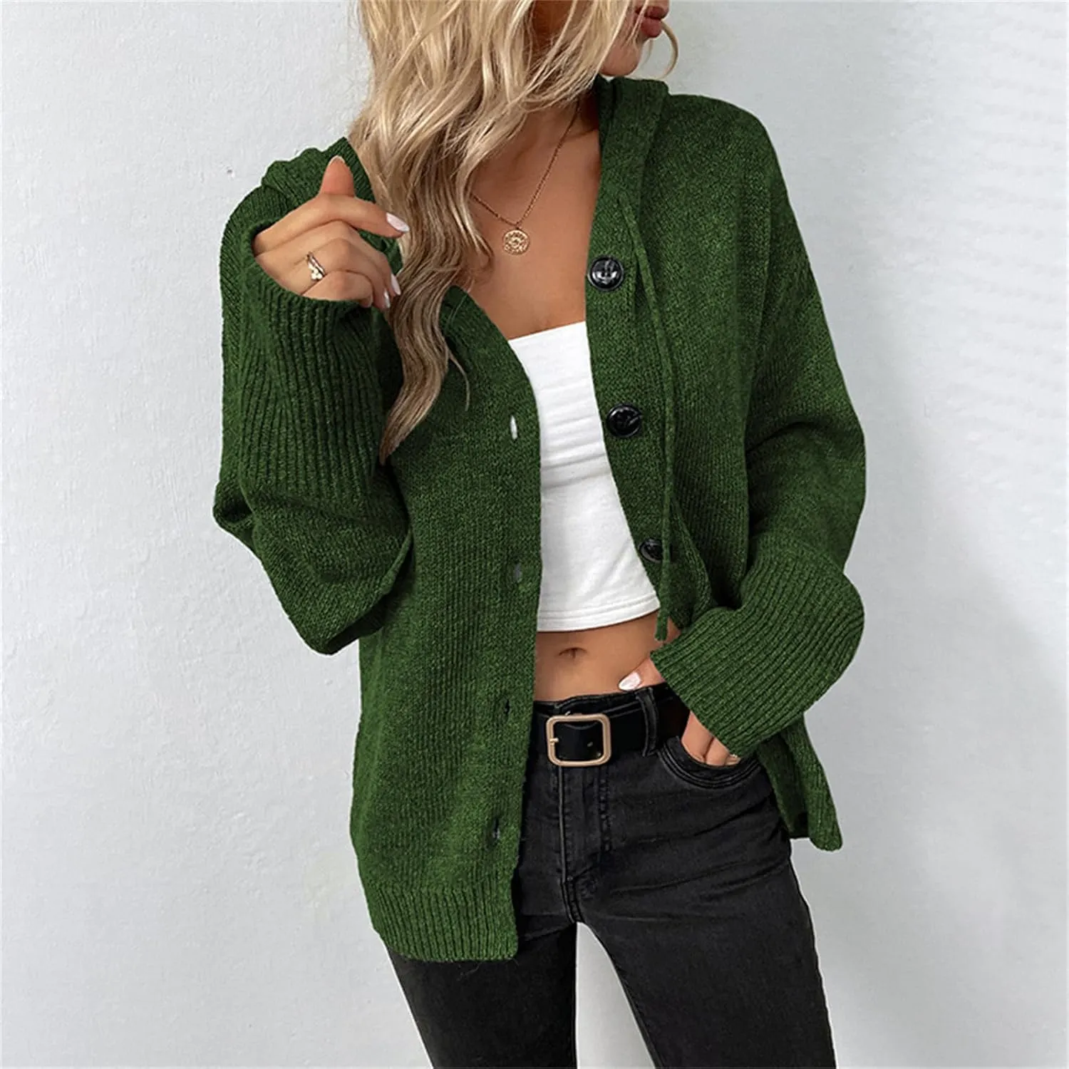 Women's Casual V Neck Button Down Hooded Cardigan Sweaters Long Sleeve Hoodies Outfits
