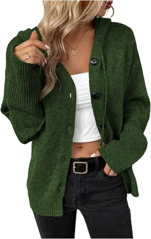 Women's Casual V Neck Button Down Hooded Cardigan Sweaters Long Sleeve Hoodies Outfits
