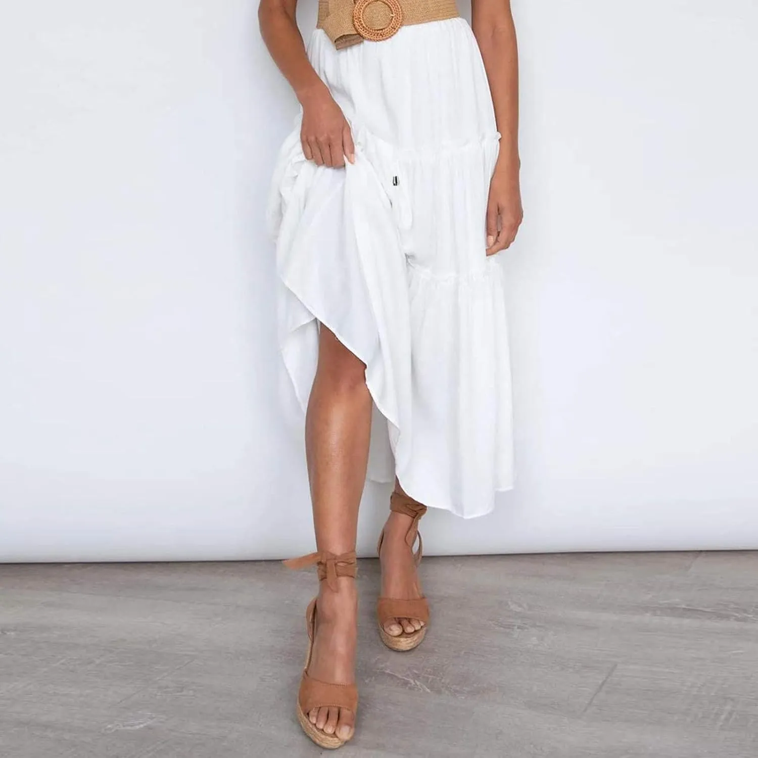 Women's Floral Print Skirts Boho Causal Maxi Skirt Elastic High Waist Pleated Ruffle Flowy Long Skirts S-XL 2024