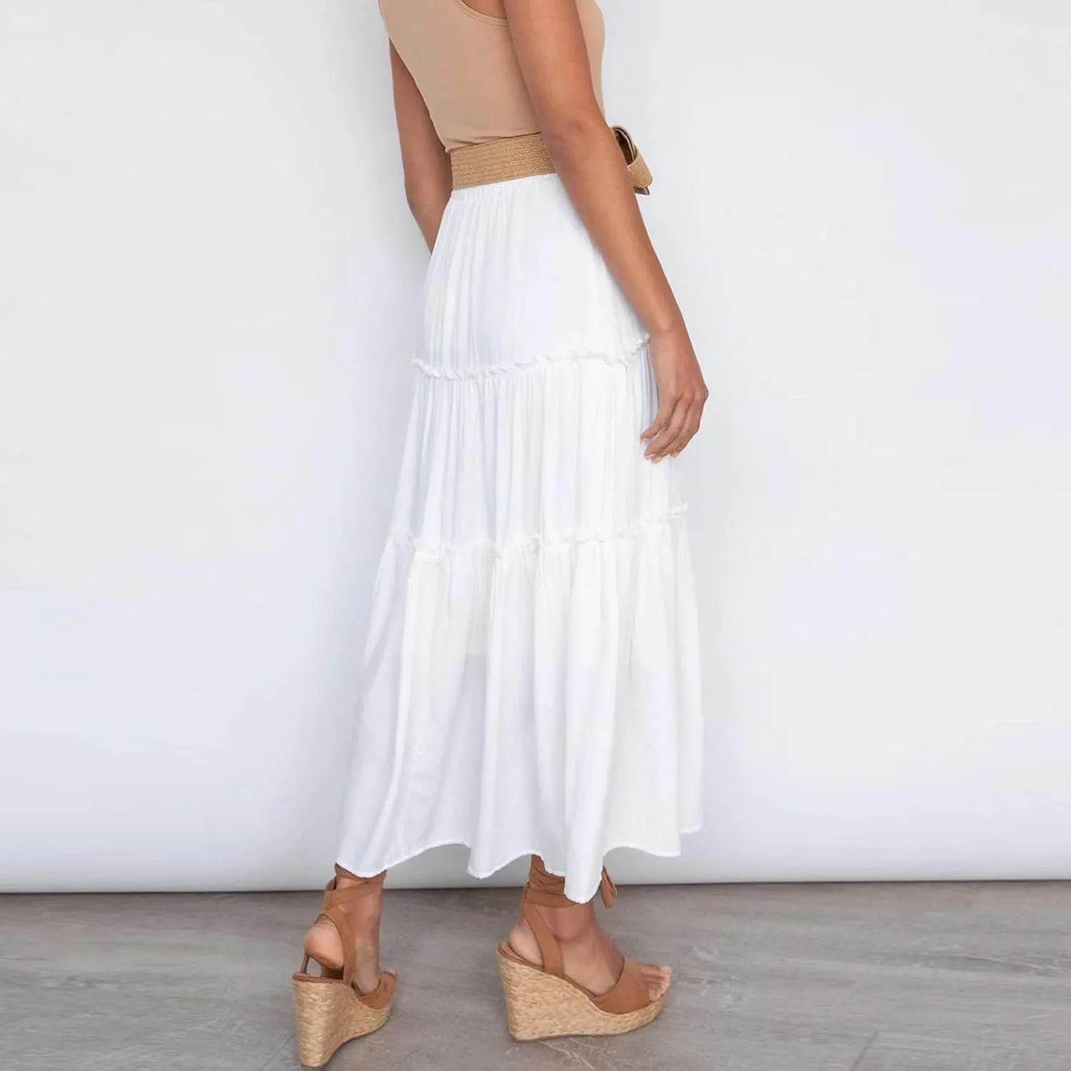 Women's Floral Print Skirts Boho Causal Maxi Skirt Elastic High Waist Pleated Ruffle Flowy Long Skirts S-XL 2024
