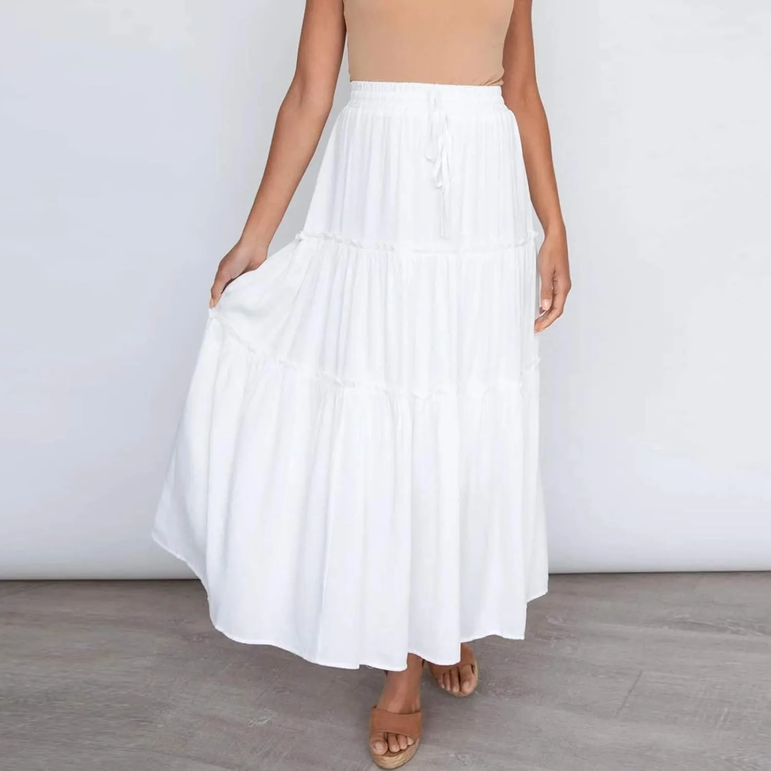 Women's Floral Print Skirts Boho Causal Maxi Skirt Elastic High Waist Pleated Ruffle Flowy Long Skirts S-XL 2024
