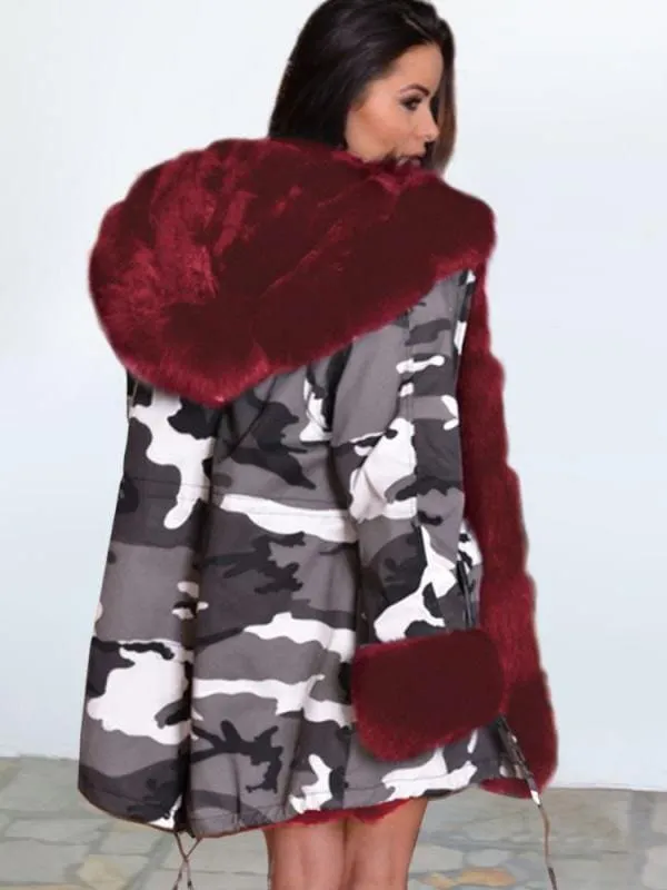 Women's Hooded Camouflage Faux Fur Coats