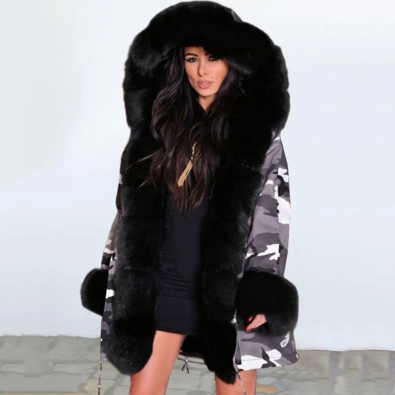 Women's Hooded Camouflage Faux Fur Coats