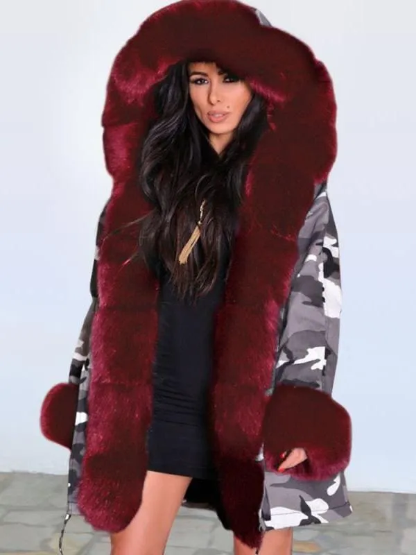 Women's Hooded Camouflage Faux Fur Coats
