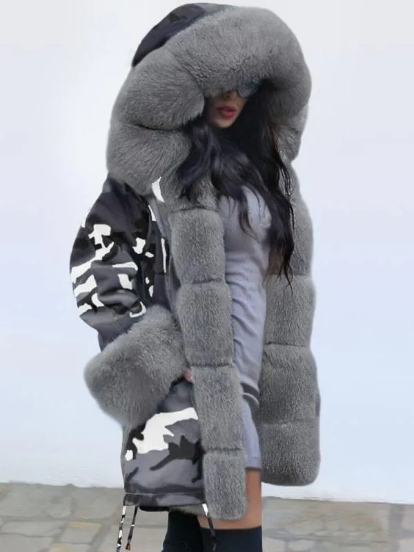 Women's Hooded Camouflage Faux Fur Coats