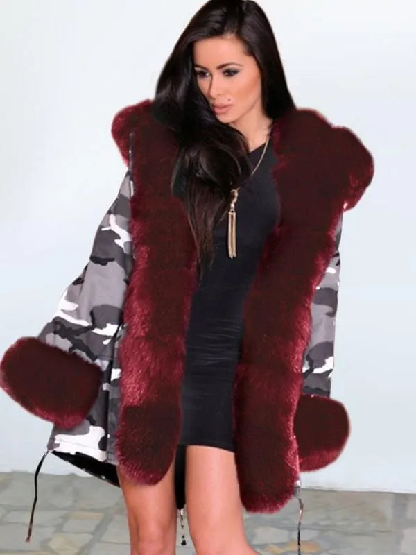 Women's Hooded Camouflage Faux Fur Coats