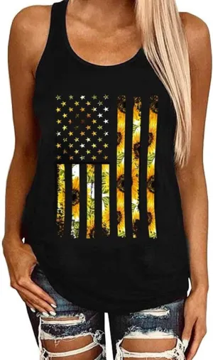 Womens Leopard American Flag Star Tank Tops Cute July 4th Independence Day Sunflower Graphic Tees T-Shirts