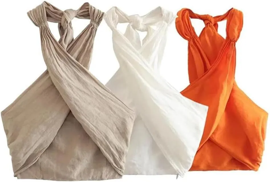 Women's Linen Blend Short Holiday Wind Cross Halter Lace Up Sleeveless Crop Elastic Camis Tank