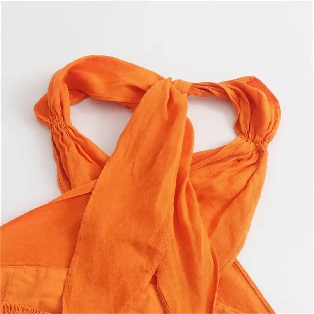 Women's Linen Blend Short Holiday Wind Cross Halter Lace Up Sleeveless Crop Elastic Camis Tank