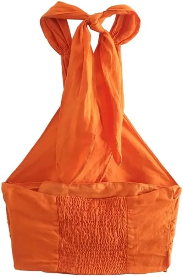 Women's Linen Blend Short Holiday Wind Cross Halter Lace Up Sleeveless Crop Elastic Camis Tank