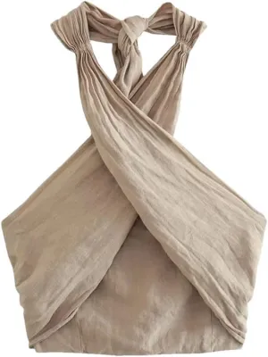 Women's Linen Blend Short Holiday Wind Cross Halter Lace Up Sleeveless Crop Elastic Camis Tank