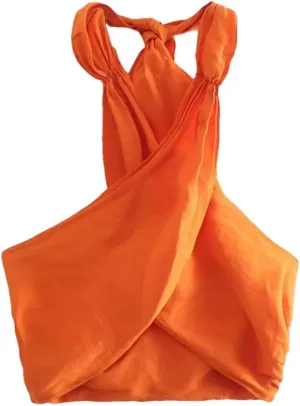 Women's Linen Blend Short Holiday Wind Cross Halter Lace Up Sleeveless Crop Elastic Camis Tank