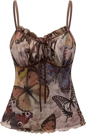 Women's Plus Size Graphic Ruffle Hem Camisole Tops Tie Front Spaghetti Strap Y2K Peplum Top