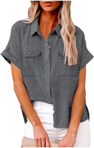 Womens Short Sleeve Tops Button Down V Neck Shirts Casual Trendy Going Out Basic Tees Womens Summer Tops