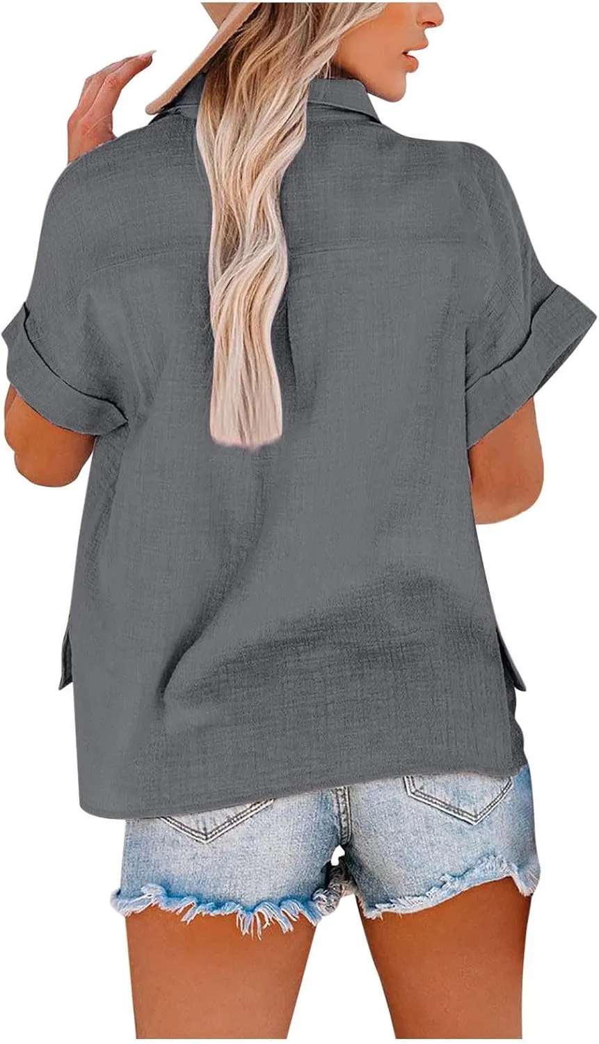 Womens Short Sleeve Tops Button Down V Neck Shirts Casual Trendy Going Out Basic Tees Womens Summer Tops