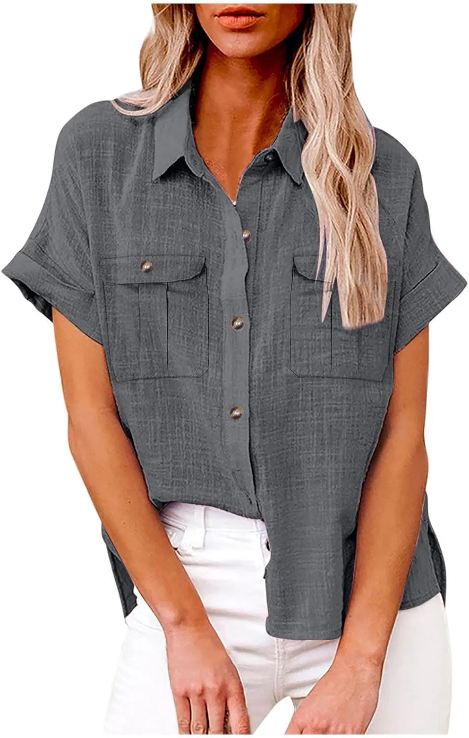 Womens Short Sleeve Tops Button Down V Neck Shirts Casual Trendy Going Out Basic Tees Womens Summer Tops