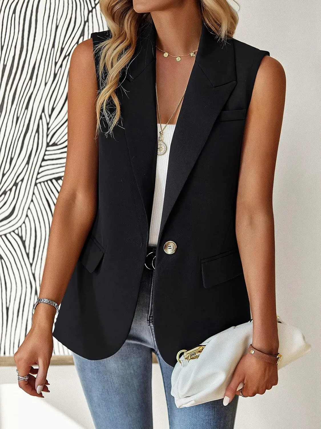 Womens Sleeveless Blazer Vest Open Front Lightweight Casual Blazer Fashion Work Office Waistcoat Vest with Pockets