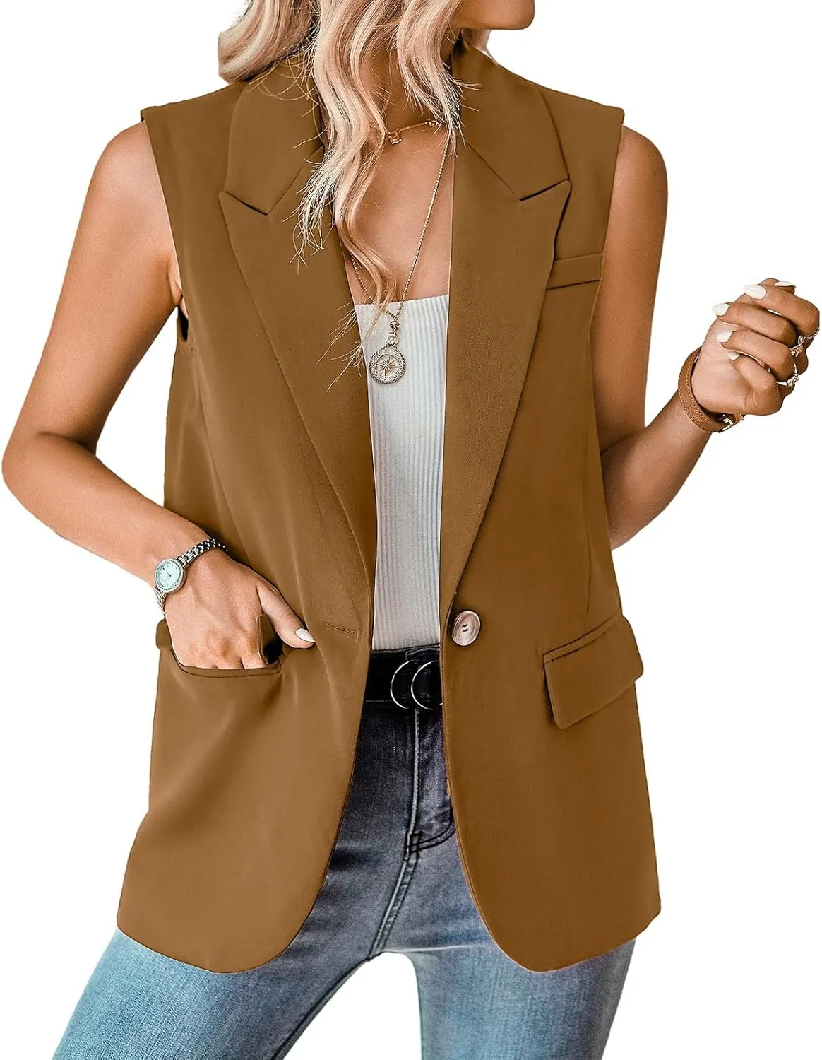 Womens Sleeveless Blazer Vest Open Front Lightweight Casual Blazer Fashion Work Office Waistcoat Vest with Pockets
