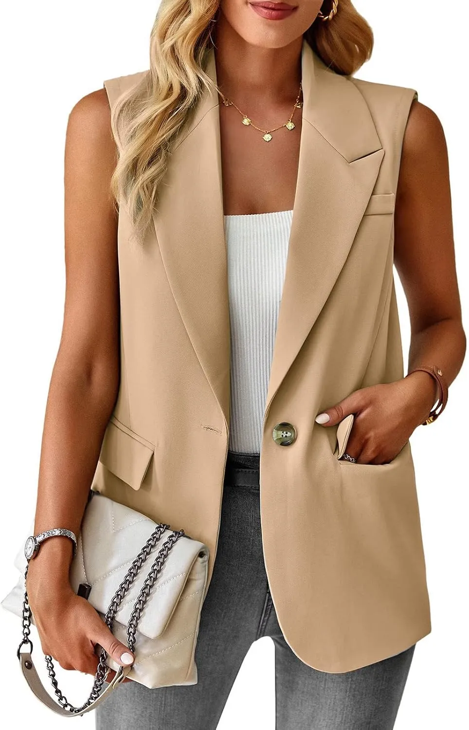 Womens Sleeveless Blazer Vest Open Front Lightweight Casual Blazer Fashion Work Office Waistcoat Vest with Pockets