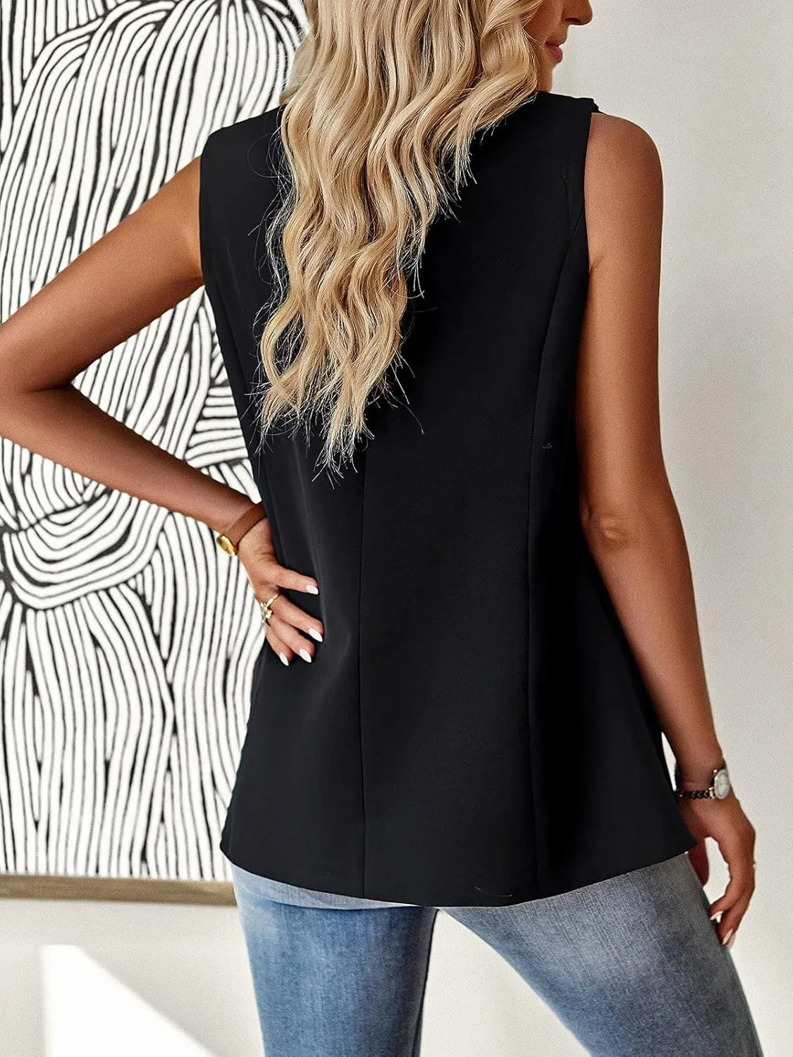 Womens Sleeveless Blazer Vest Open Front Lightweight Casual Blazer Fashion Work Office Waistcoat Vest with Pockets