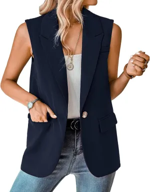 Womens Sleeveless Blazer Vest Open Front Lightweight Casual Blazer Fashion Work Office Waistcoat Vest with Pockets