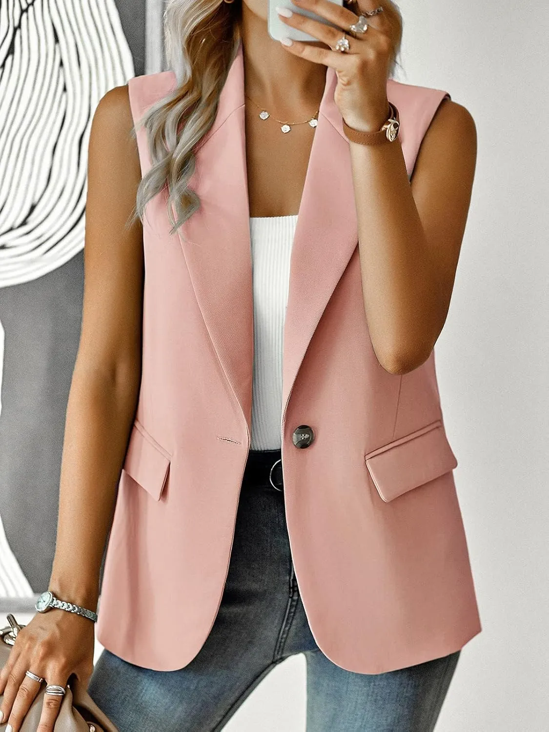 Womens Sleeveless Blazer Vest Open Front Lightweight Casual Blazer Fashion Work Office Waistcoat Vest with Pockets