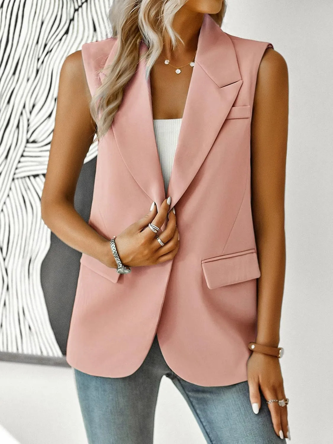 Womens Sleeveless Blazer Vest Open Front Lightweight Casual Blazer Fashion Work Office Waistcoat Vest with Pockets
