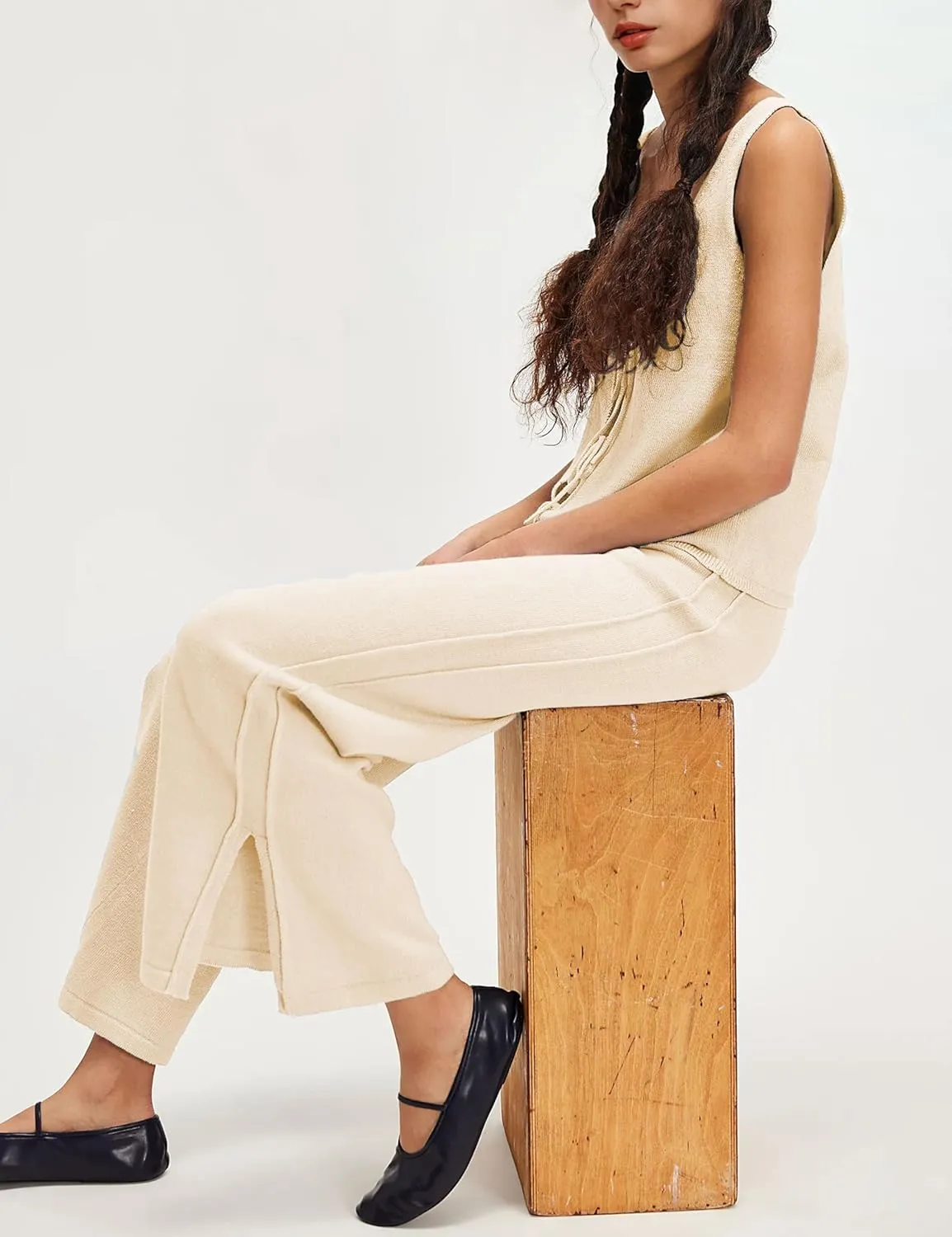 Womens Sleeveless Sweater Sets 2 Piece Outfits Knit Front Tie Top High Rise Side Slit Pants Tracksuits
