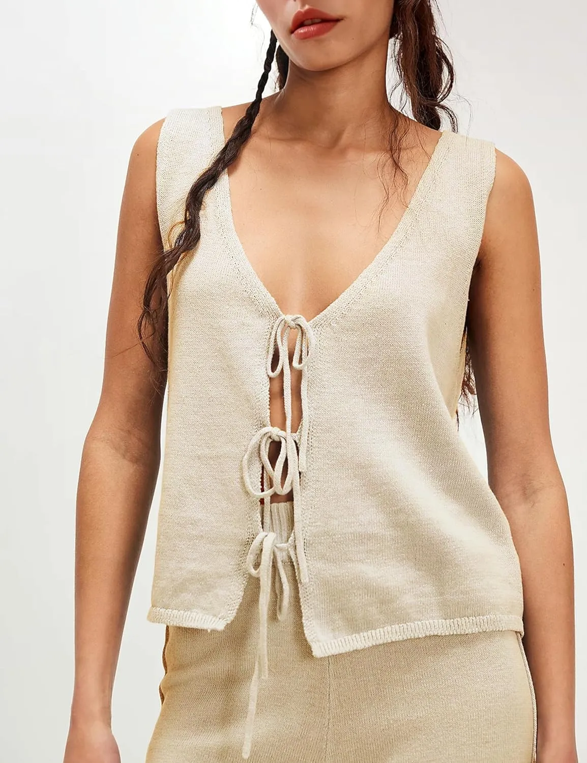 Womens Sleeveless Sweater Sets 2 Piece Outfits Knit Front Tie Top High Rise Side Slit Pants Tracksuits