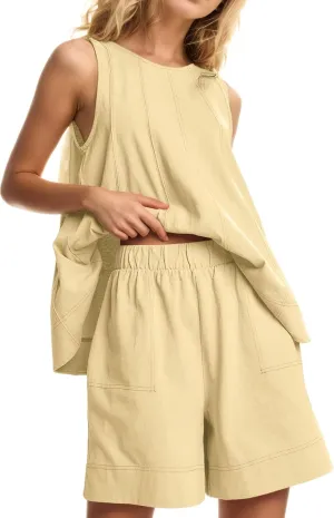 Women's Summer Sets 2-Piece Outfits - Sleeveless Tank Top Sets with Jean Shorts Lounge Set for Summer Beach Vacation