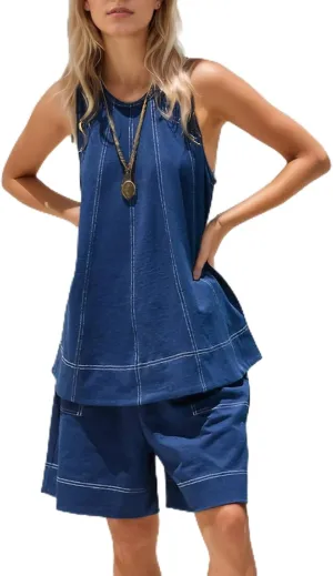 Women's Summer Sets 2-Piece Outfits - Sleeveless Tank Top Sets with Jean Shorts Lounge Set for Summer Beach Vacation