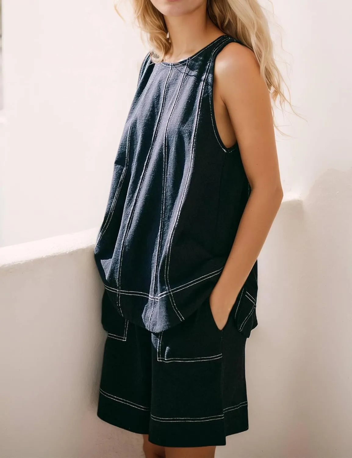 Women's Summer Sets 2-Piece Outfits - Sleeveless Tank Top Sets with Jean Shorts Lounge Set for Summer Beach Vacation