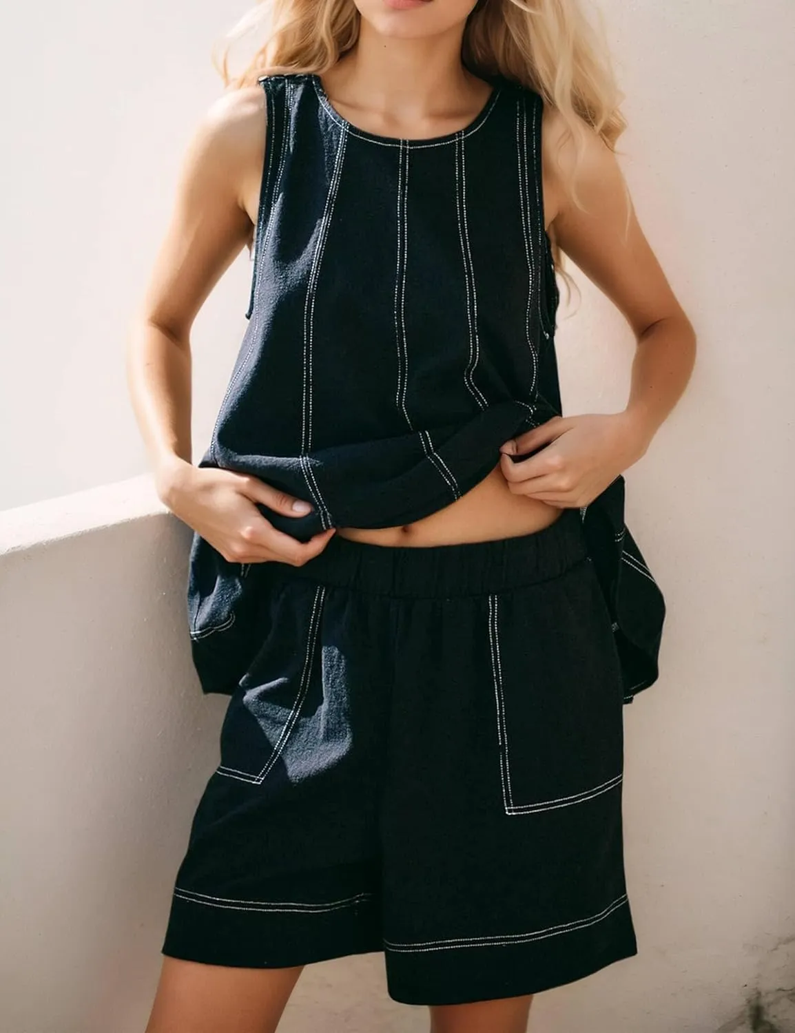 Women's Summer Sets 2-Piece Outfits - Sleeveless Tank Top Sets with Jean Shorts Lounge Set for Summer Beach Vacation