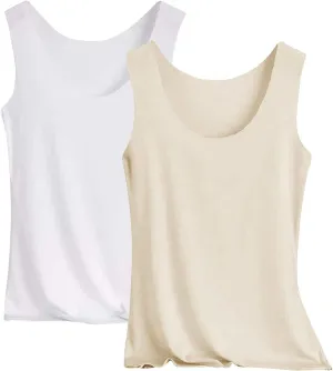 Womens Tank Tops 2Pc Round Neck Casual fit Camisole Seamless Stretch Undershirt Sleeveless Shirts