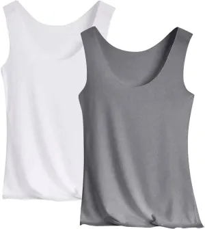 Womens Tank Tops 2Pc Round Neck Casual fit Camisole Seamless Stretch Undershirt Sleeveless Shirts