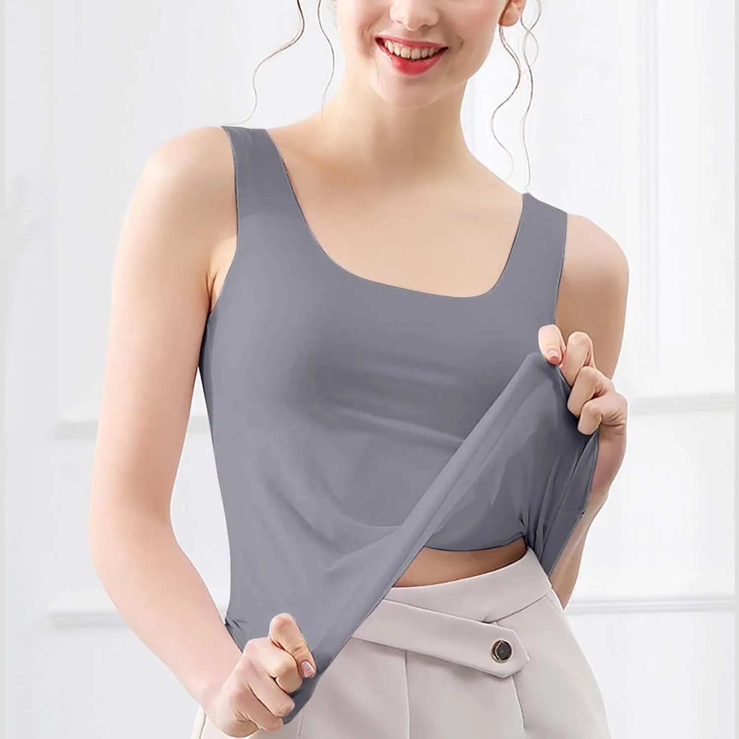 Womens Tank Tops 2Pc Round Neck Casual fit Camisole Seamless Stretch Undershirt Sleeveless Shirts