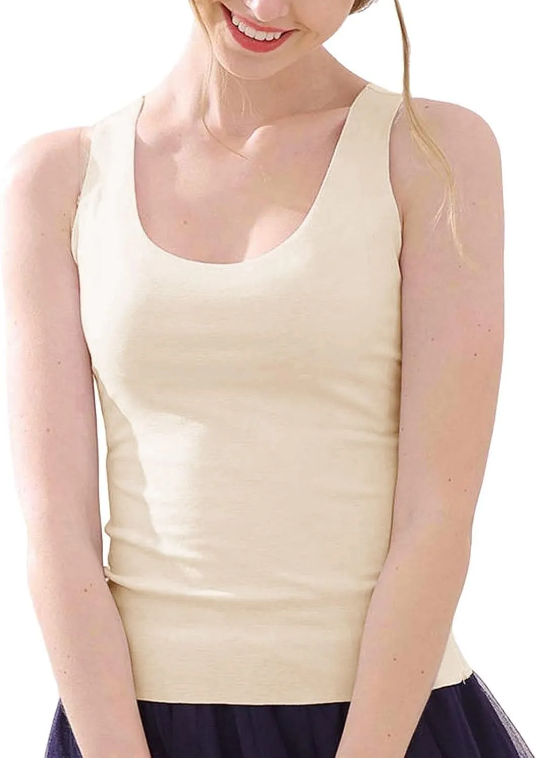 Womens Tank Tops 2Pc Round Neck Casual fit Camisole Seamless Stretch Undershirt Sleeveless Shirts