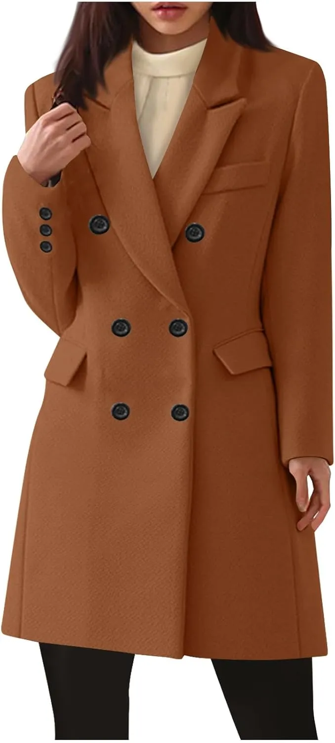 XUNRYAN Womens Mid Long Trench Coat Business Casual Blazer Double-Breasted Peacoat Slim Fit Jackets for Petite Women Outwear