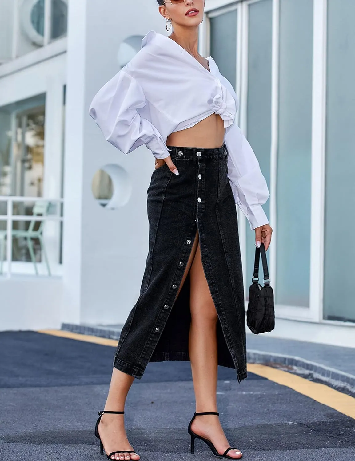 Yvipette Womens High Waist Denim Jean Skirt Casual Buttoned Side Slit Pencil Skirt