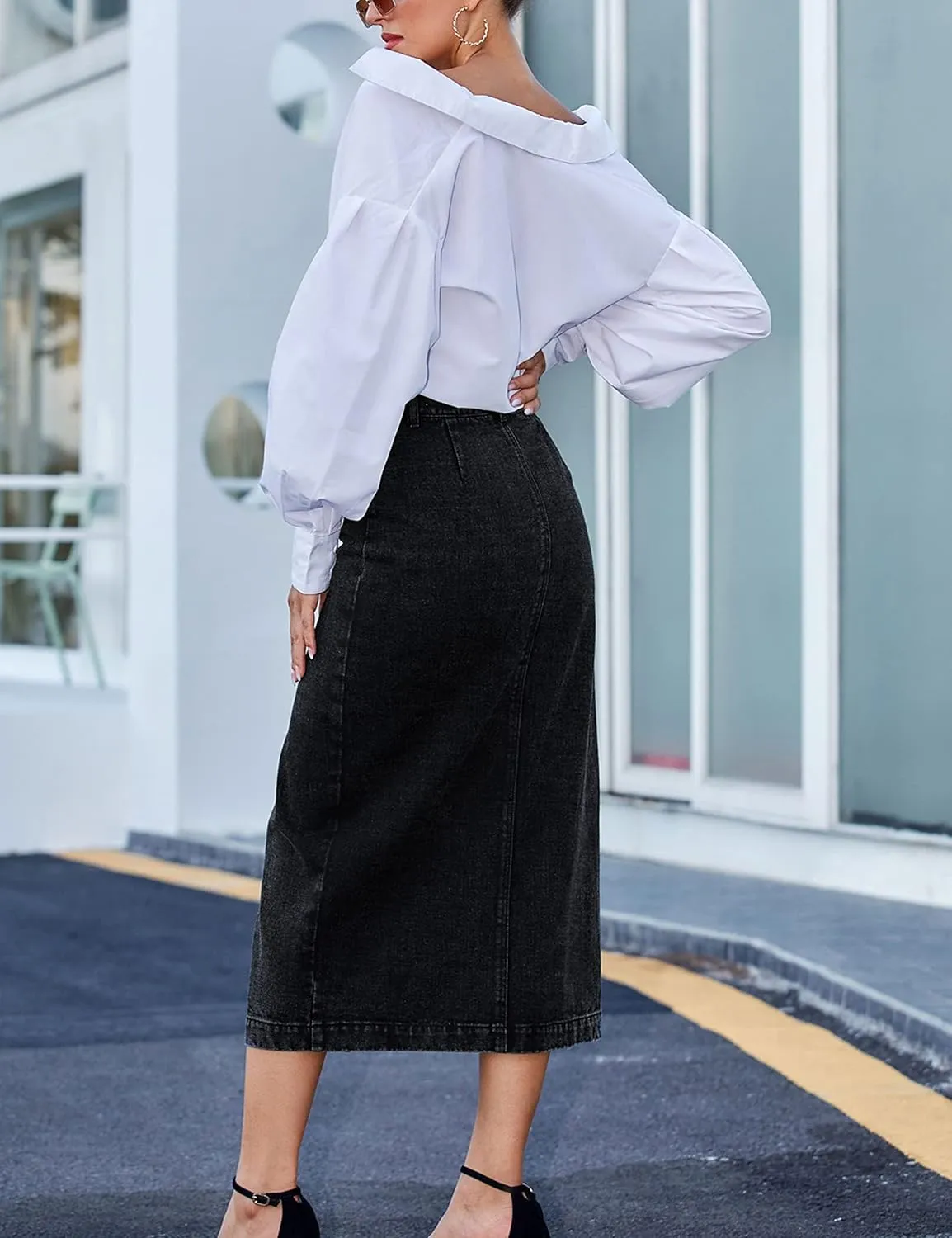 Yvipette Womens High Waist Denim Jean Skirt Casual Buttoned Side Slit Pencil Skirt