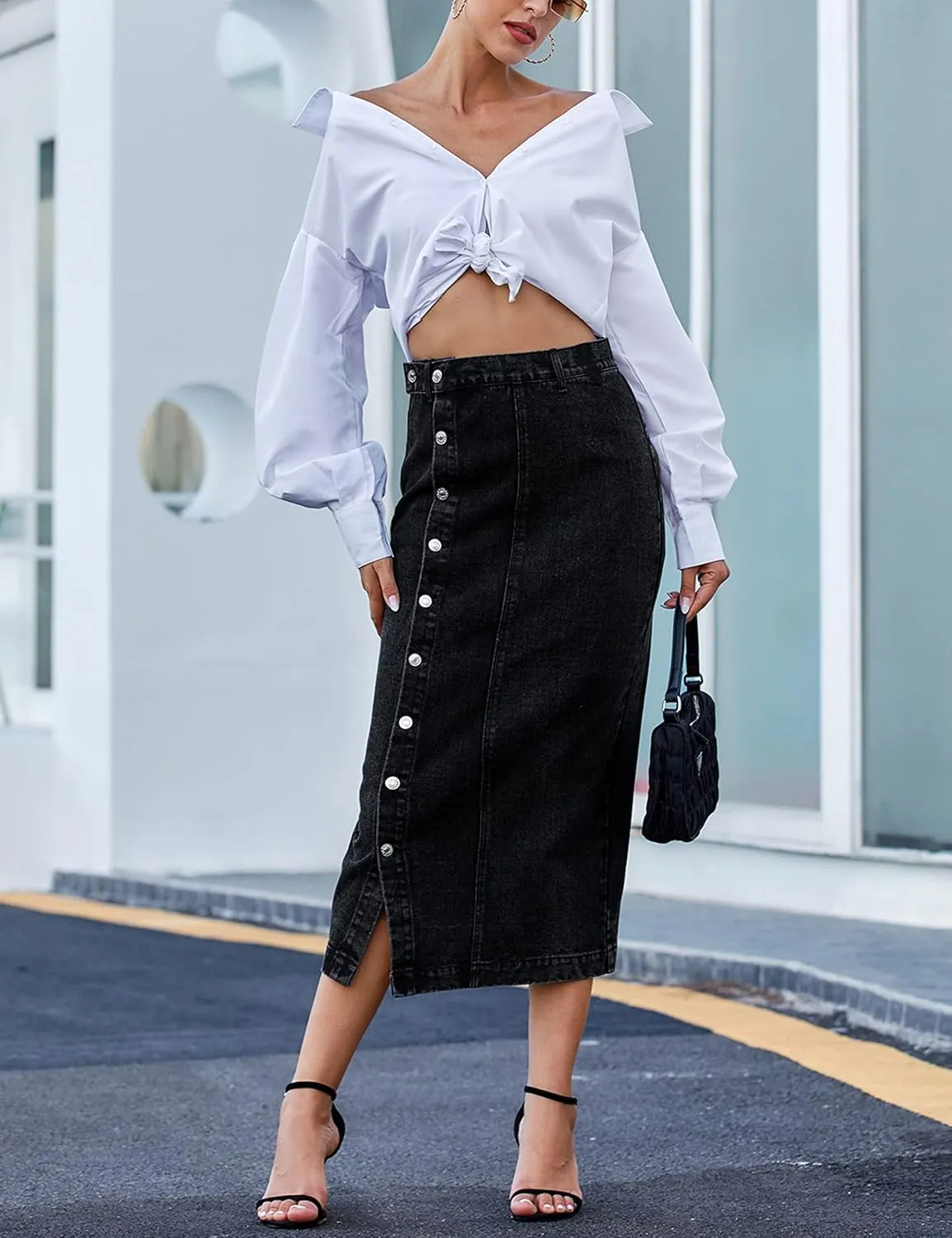 Yvipette Womens High Waist Denim Jean Skirt Casual Buttoned Side Slit Pencil Skirt