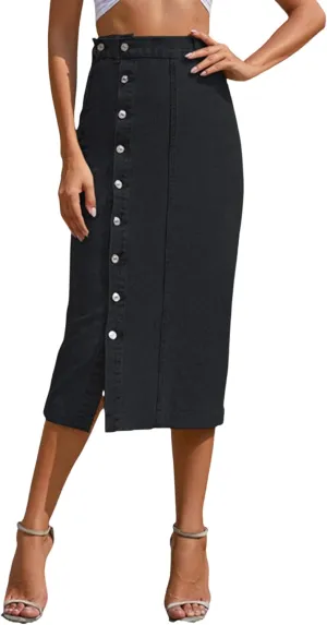 Yvipette Womens High Waist Denim Jean Skirt Casual Buttoned Side Slit Pencil Skirt