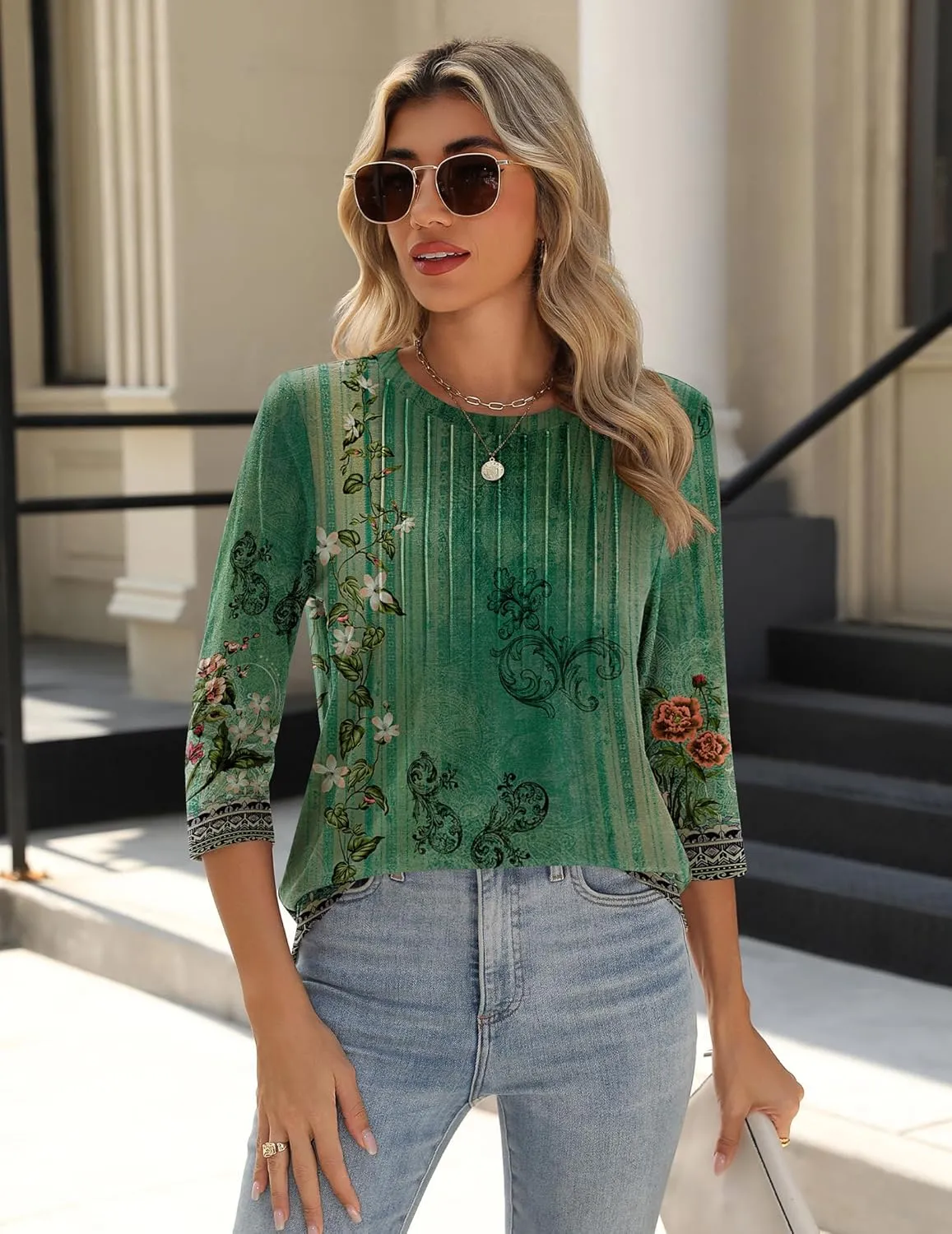 Zeagoo 3/4 Length Sleeve Womens Tops Crew Neck Loose Fit Shirts Pleated Cute Clothes Dressy Casual 2025 Summer Tunics