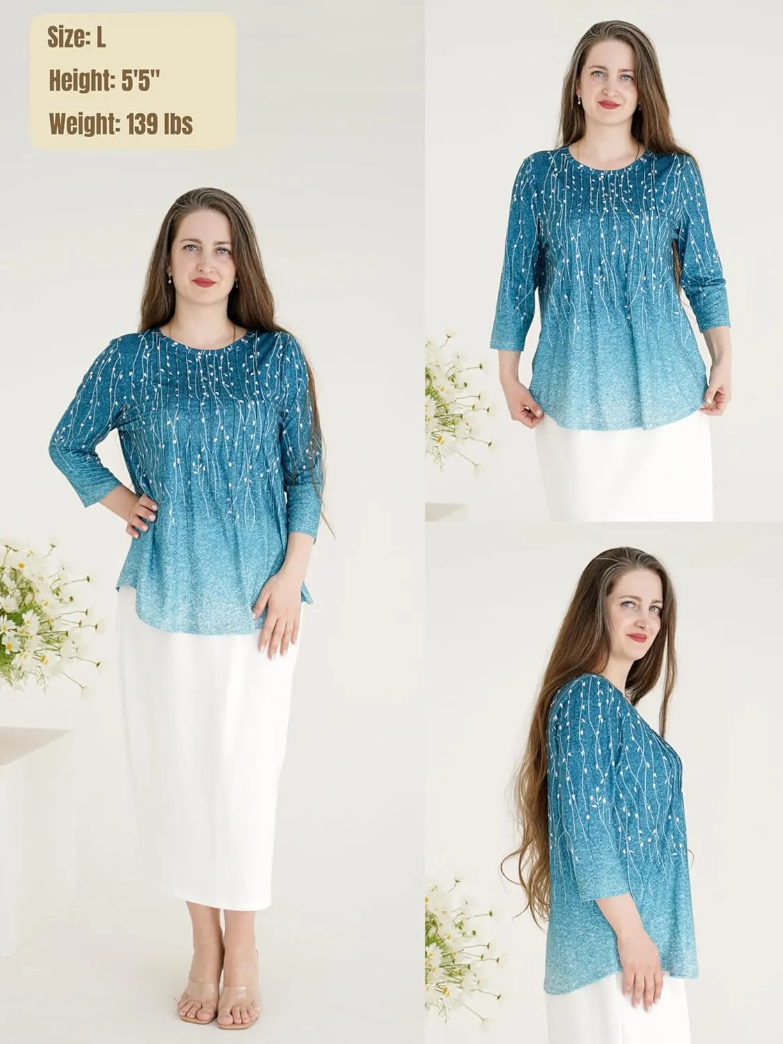 Zeagoo 3/4 Length Sleeve Womens Tops Crew Neck Loose Fit Shirts Pleated Cute Clothes Dressy Casual 2025 Summer Tunics