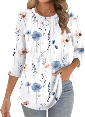Zeagoo 3/4 Length Sleeve Womens Tops Crew Neck Loose Fit Shirts Pleated Cute Clothes Dressy Casual 2025 Summer Tunics