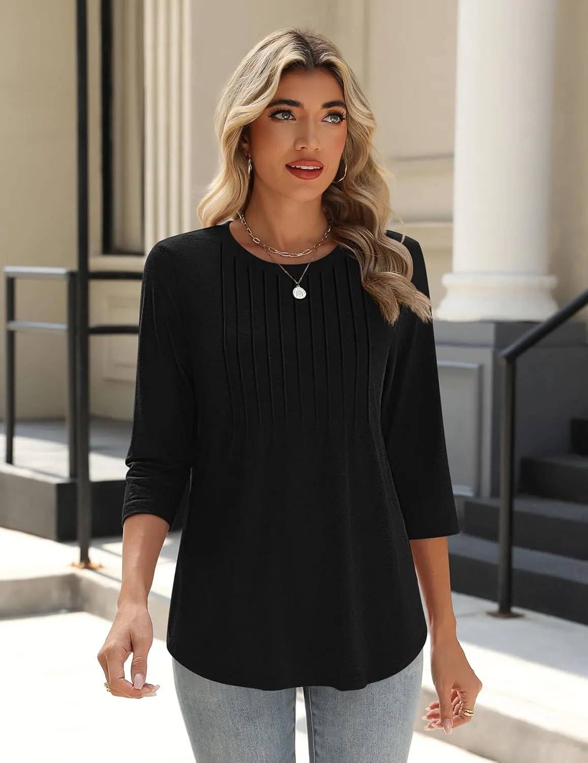 Zeagoo 3/4 Length Sleeve Womens Tops Crew Neck Loose Fit Shirts Pleated Cute Clothes Dressy Casual 2025 Summer Tunics