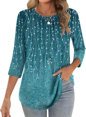 Zeagoo 3/4 Length Sleeve Womens Tops Crew Neck Loose Fit Shirts Pleated Cute Clothes Dressy Casual 2025 Summer Tunics