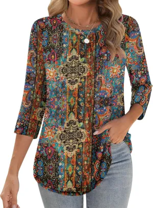 Zeagoo 3/4 Length Sleeve Womens Tops Crew Neck Loose Fit Shirts Pleated Cute Clothes Dressy Casual 2025 Summer Tunics