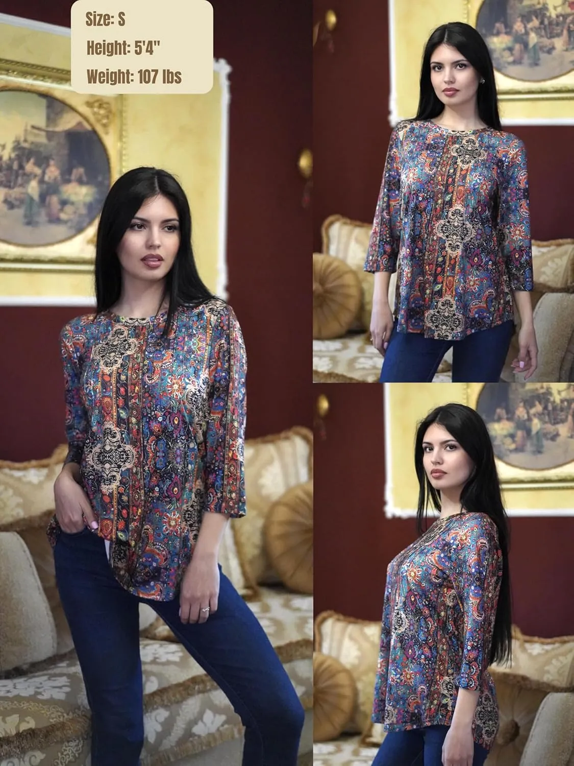 Zeagoo 3/4 Length Sleeve Womens Tops Crew Neck Loose Fit Shirts Pleated Cute Clothes Dressy Casual 2025 Summer Tunics