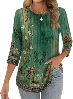 Zeagoo 3/4 Length Sleeve Womens Tops Crew Neck Loose Fit Shirts Pleated Cute Clothes Dressy Casual 2025 Summer Tunics